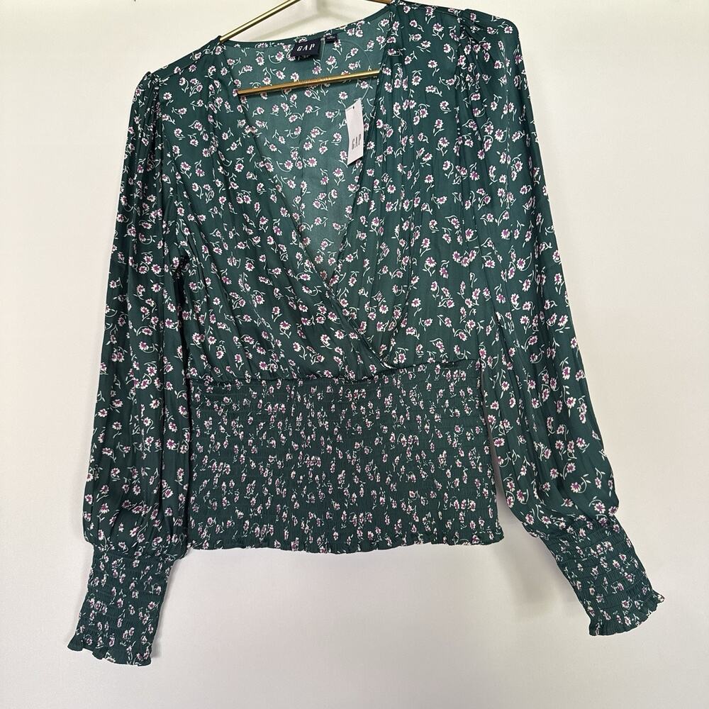 NWT GAP Womens M Petite Green Floral Smocked Wrap Blouse Long Sleeve Top